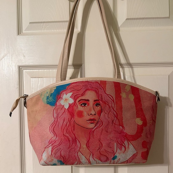 Hot Pink striped Tote / Hand Bag / Satchel. Attachable Crossbody strap. - Picture 1 of 12